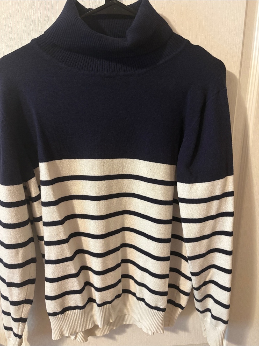 Women’s  Navy and White Striped Turtleneck Sweater
